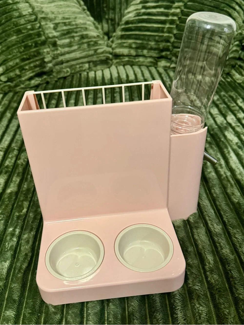 Pink Multi-Compartment Rabbit Feeder with Water Bottle